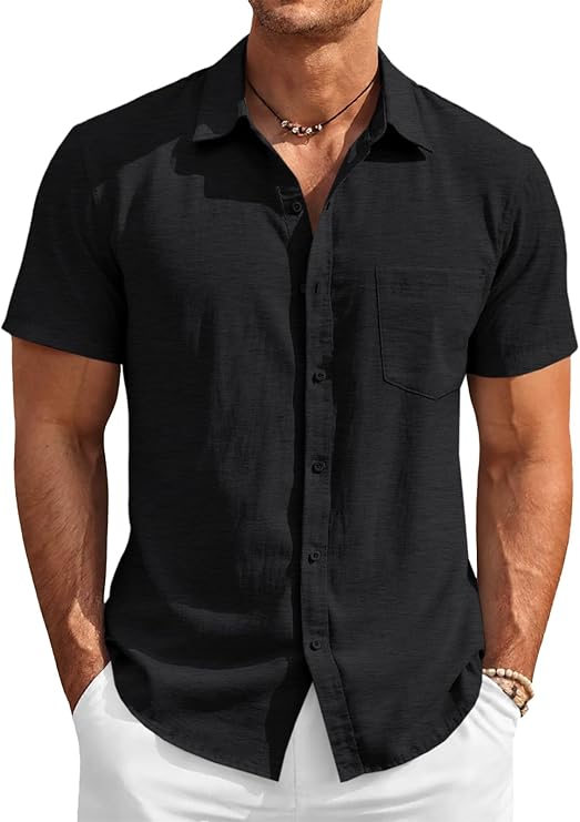 Mens Button Down Linen Shirt Short Sleeve