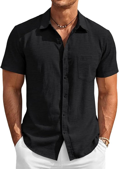 Mens Button Down Linen Shirt Short Sleeve