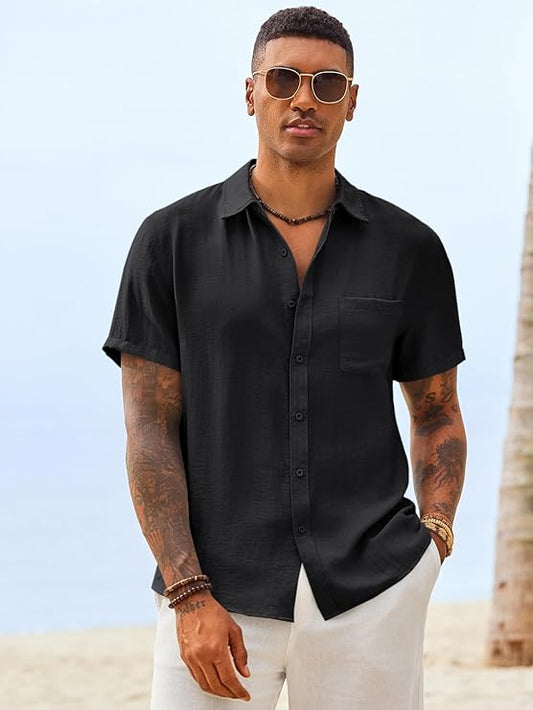 Mens Button Down Linen Shirt Short Sleeve