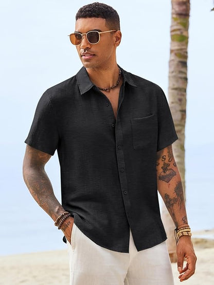 Mens Button Down Linen Shirt Short Sleeve