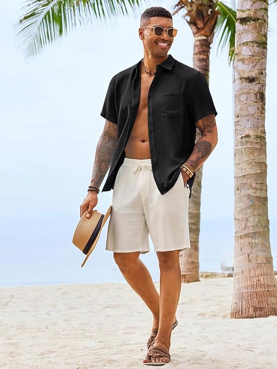 Mens Button Down Linen Shirt Short Sleeve