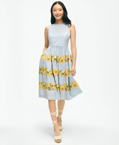 Embroidered Sunflower Striped Round Neck Regular Fit Cotton Dress