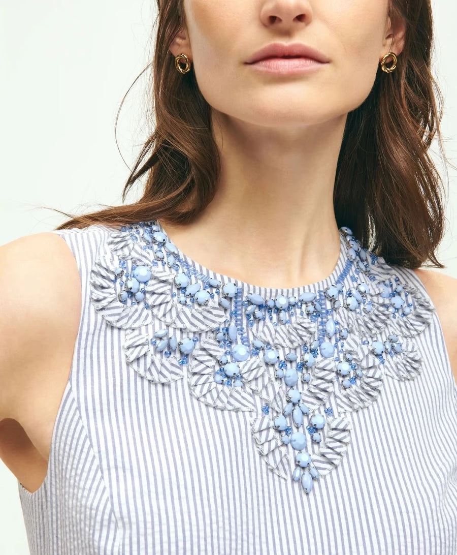 Seersucker Striped Beaded Collar Regular Fit Cotton Dress MRP