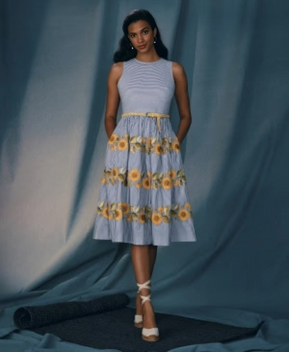 Embroidered Sunflower Striped Round Neck Regular Fit Cotton Dress